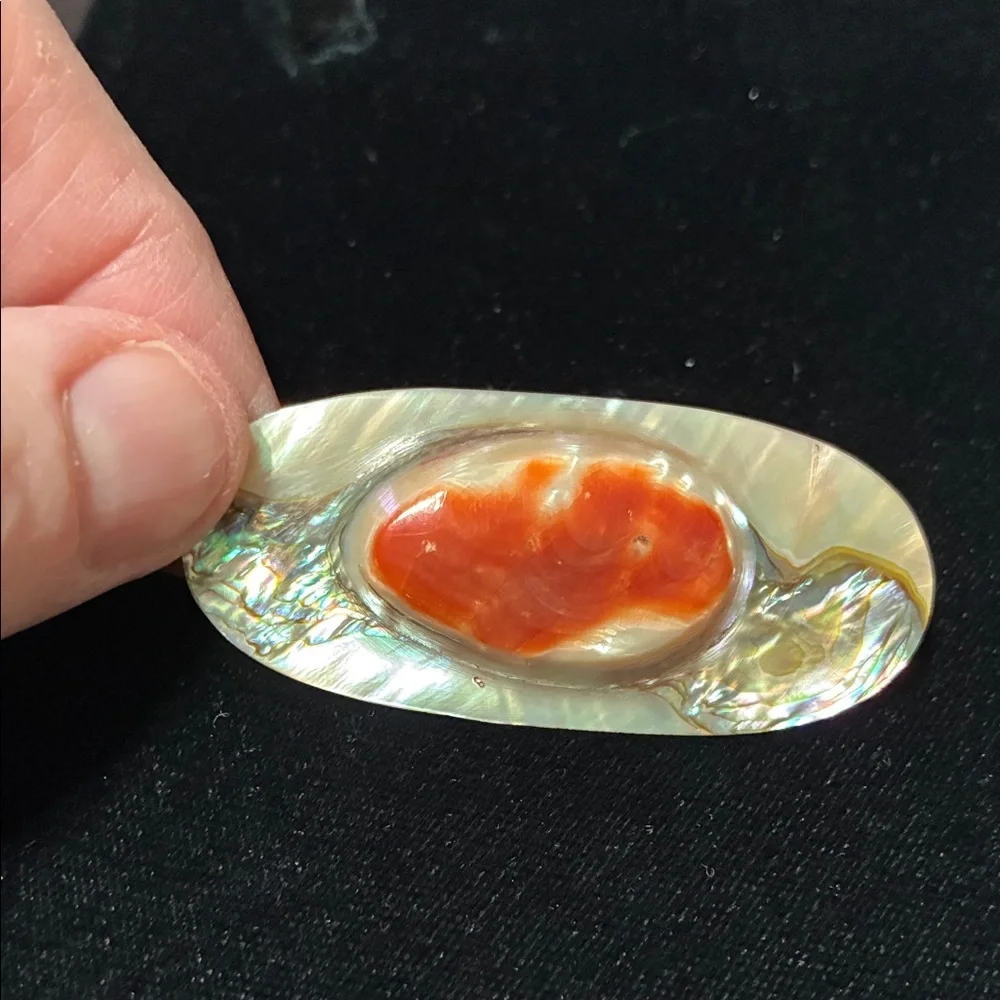 Vintage Iridescent Abalone Shell Brooch with Red Center